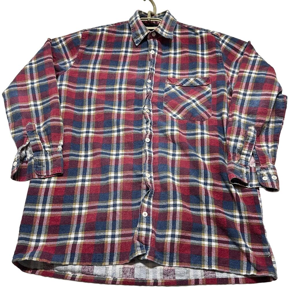 Tru Fit Flannel Shirt Men M Blue Red Plaid Button Up Long Sleeves 100% Cotton